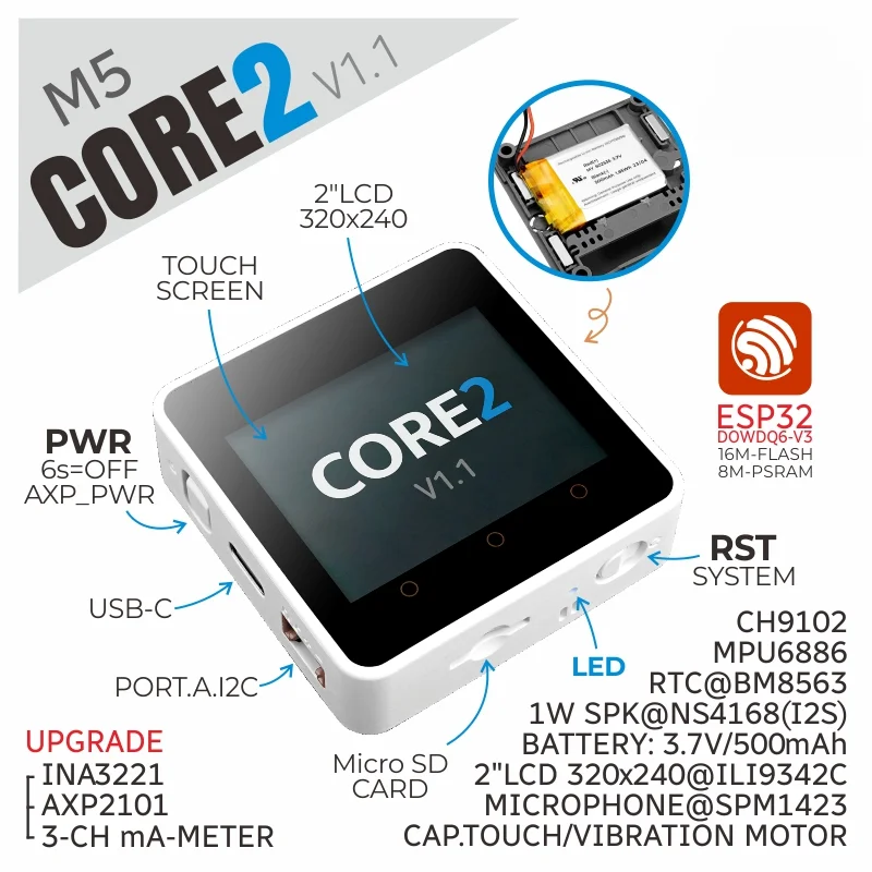 Core2 V1.1 ESP32 Touch Screen Development Kit WiFi Bluetooth Graphical Programming Master