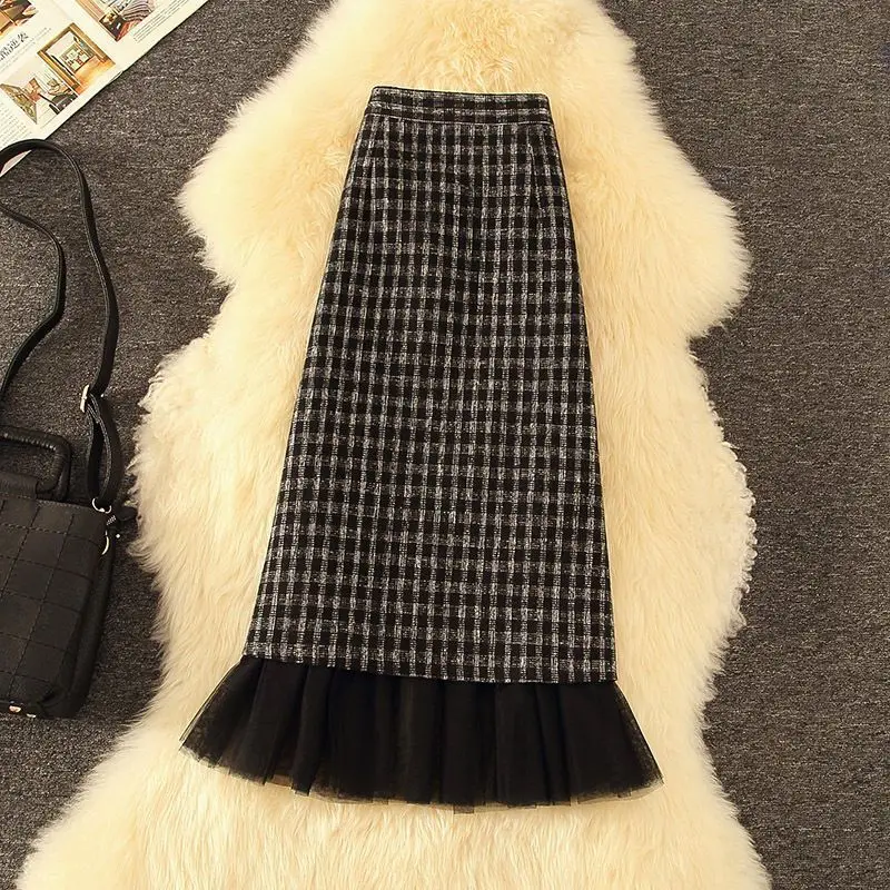 

Vintage Fashion Autumn/Winter Women's Woolen Plaid Elastic High Waist Gauze Patchwork Temperament Slim Mid-length A-line Skirt