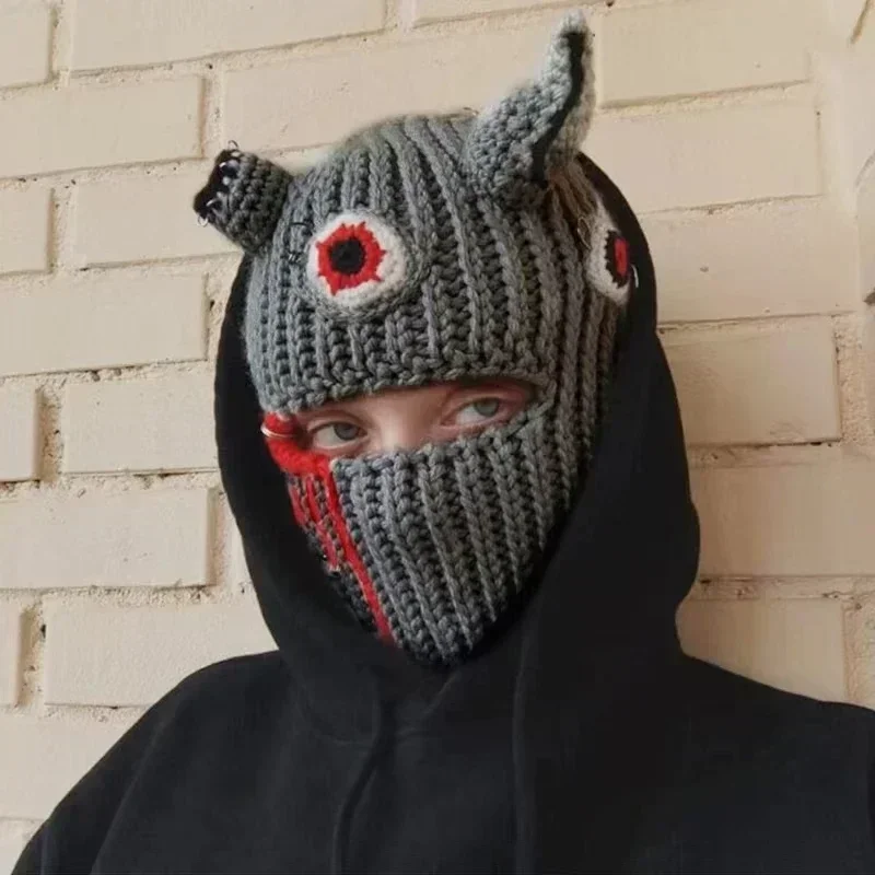 2025 Unisex manual Knit Hat Halloween Devil Horn 1 Hole Balaclava Y2K Vintage Gothic Winter Warm Wind Proof Beanie Cap