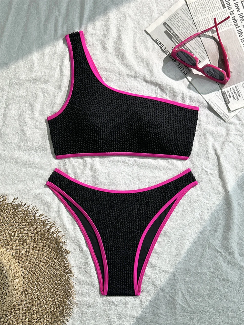 Sexy One-shoulder Push Up Bikini High Waist Ribbed Patchwork Black Y2k Swimsuit Women 2Piece Pink Swimwear Vacation Beach Outfit