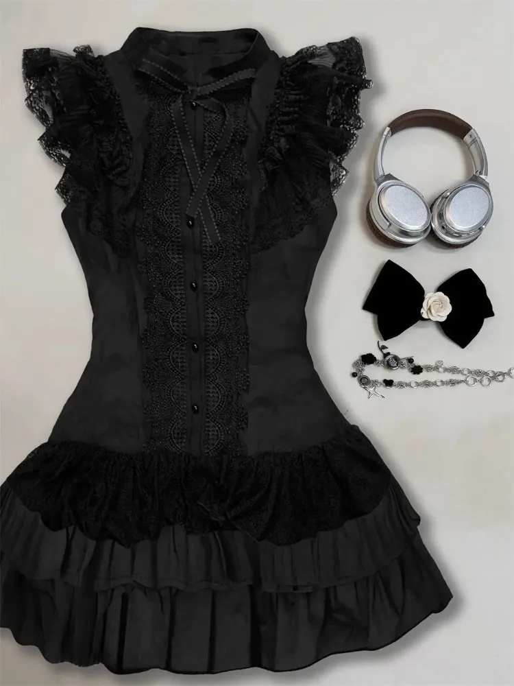 Sweet Lolita Lace Dresses Y2k Slim Waist High Street Short Sleeve Dress Women Retro 2025 Summer New Bottoming Vestidos Fashion