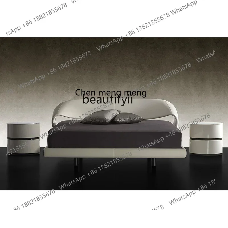 P178 سرير مزدوج فاخر خفيف على الطراز الإيطالي غرفة نوم رئيسية جلد طبيعي 1.8 متر أثاث فيلا على الطراز الكريمي