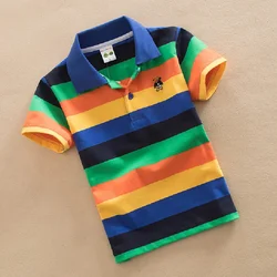 T-shirt For Boys Summer Children Short Sleeve Stripe Tees Cartoon Bear Embroidery Tops Teens Breathable Polo Shirt Kids Clothing