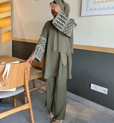 Ropa musulmana de crepé para mujer, conjunto de 2 piezas con bordado de Turquía y Dubái, conjunto de Top y pantalones palestinos, trajes islámicos de Ramadán Eid