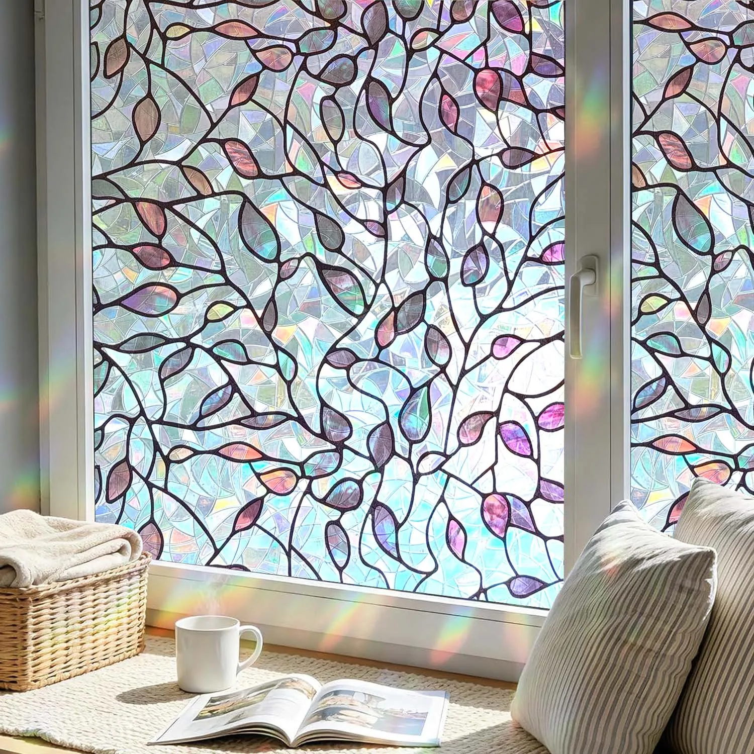 Willow Leaf Window Film Stained Glass Static Cling, Glueless Privacy Glass Sticker, Reusable Window Tint for Home Livingroom
