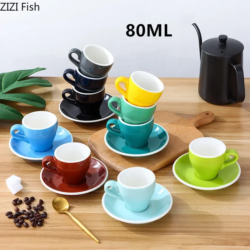 80ml Espresso Cup Set Office Ceramic Mug with Saucer Afternoon Tea Mini Coffee Mug Drinkware Home Kitchen Solid Color Mug