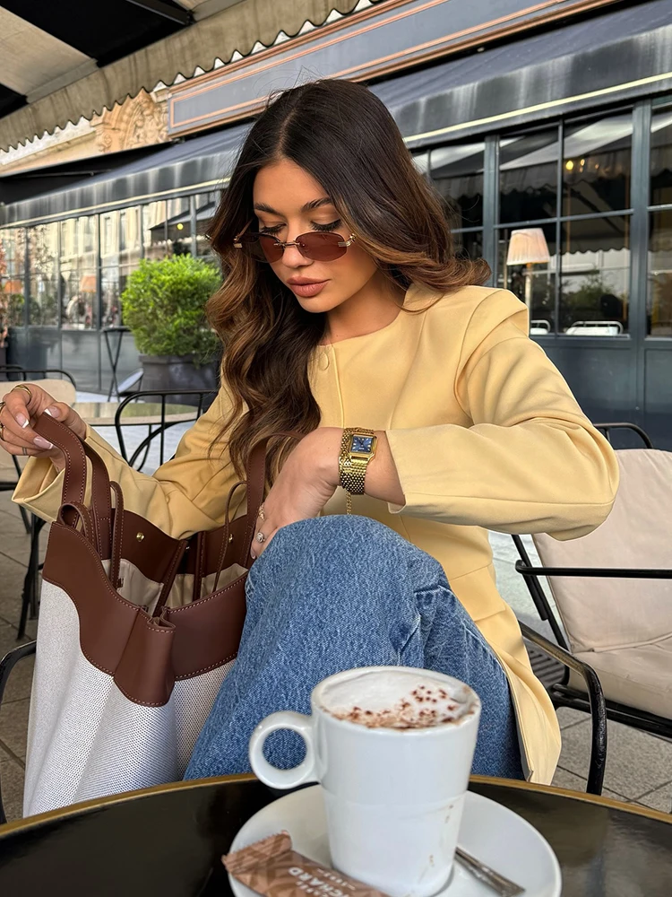 

Yellow O Neck Single Breasted Suit Jacket Elegant Women Long Sleeved Pocket Split Slim Coat 2025 Lady New Leisure Street Wear