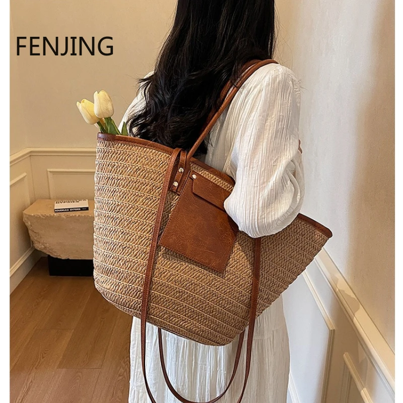 

Женская соломенная корзина, сумка на плечо большой вместимости, летняя стильная сумка через плечо, тканая сумка-саквояж, пляжная сумка для отдыха, кошелек