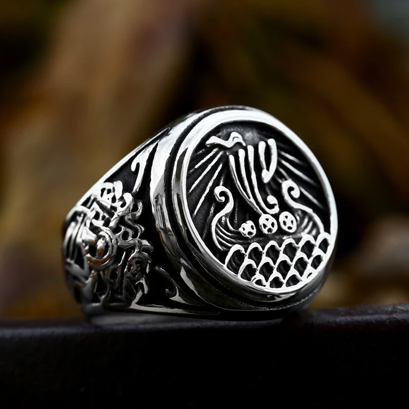 

Viking Pirate Ship Navigation Stainless Steel Ring - Nordic Vintage Personalized Fashion Accessory for Men Size 7-13