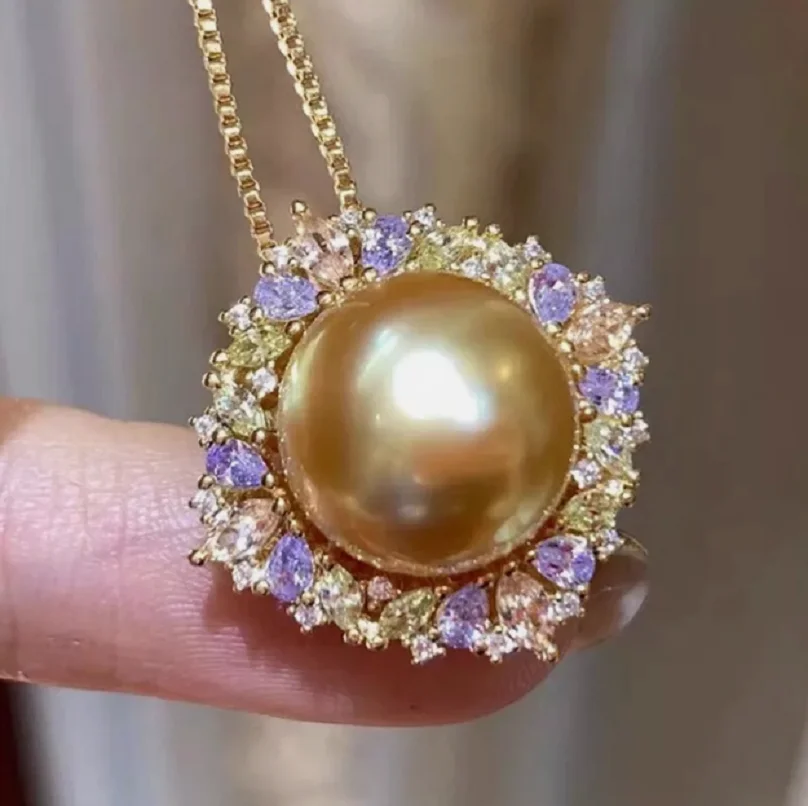 

beautiful huge pearls 12-13mm white/ yellow pearl pendant 18kgp+ chain