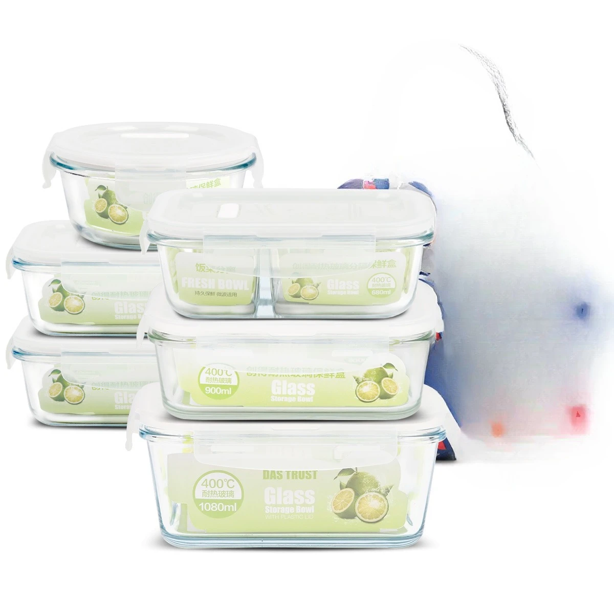 

Office worker glass lunch box, microwave oven heating bowl, student thermal insulation bento lunch box, 6-piece set with lid