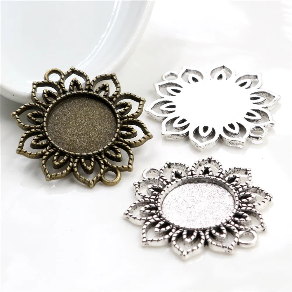 10pcs 18mm Inner Size Antique Bronze And Silver Plated Flower Connection Hollow Style Cabochon Base Cameo Setting Charms Pendant