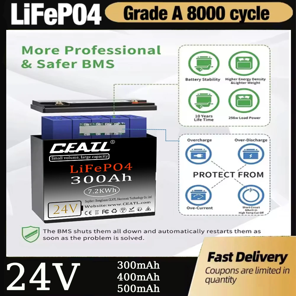 

LiFePO4 Lithium Battery 24V12000Wh 500Ah, Built-in 200A BMS, Rechargeable Battery, for RV/Camper, Solar, Marine, Overland/V