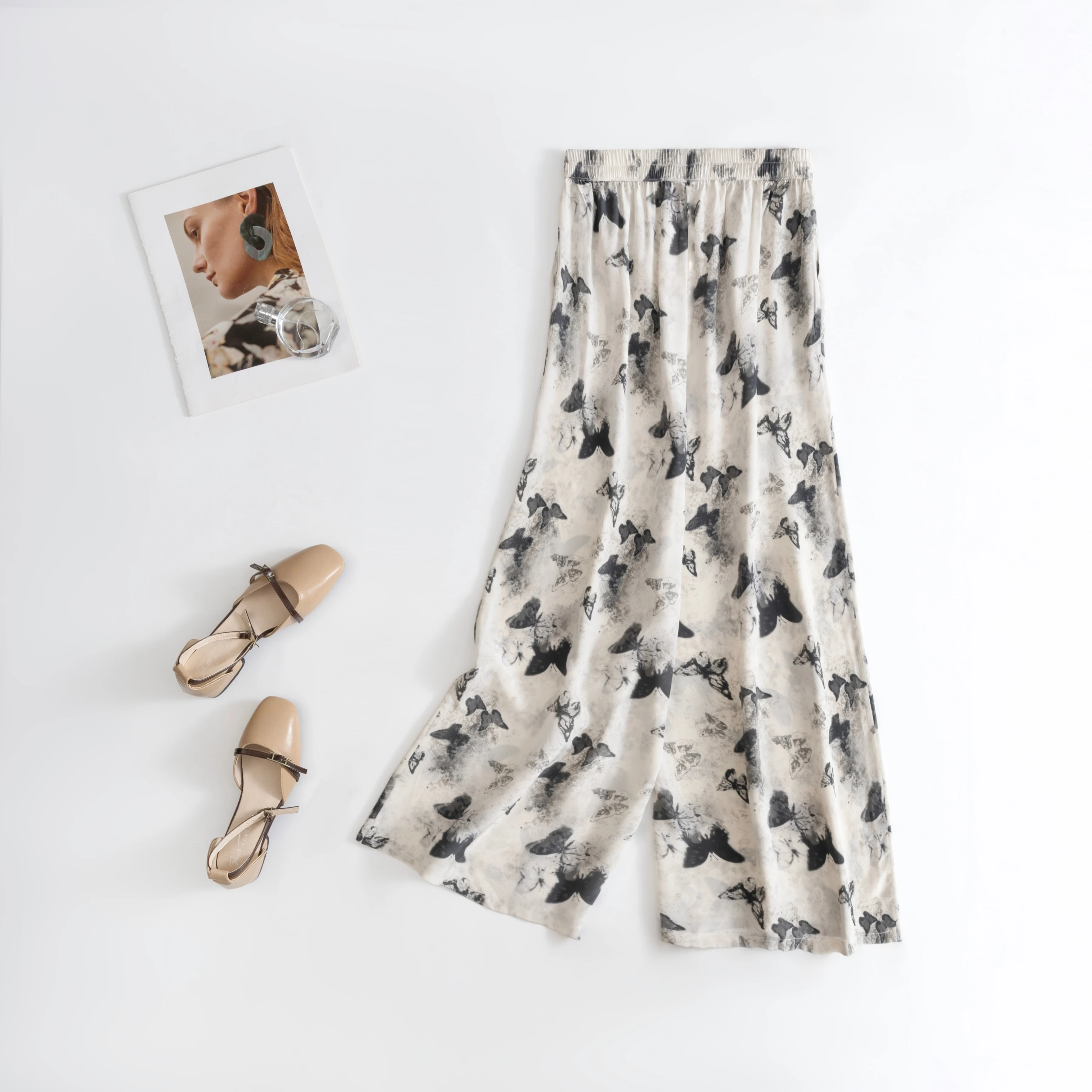 2025 Summer New Butterfly Printed 100% Natural Mulberry Silk 03 Crepe De Chine Versatile Casual Women's Wide Leg Pants