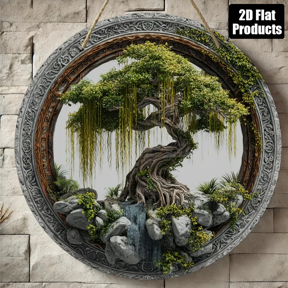 2D Flat, 1pc Round Wall-Mounted Tree-Themed Decorative Plaque - Retro Wood Board Sign Suitable for Home, Office, Cafe Decor, / A