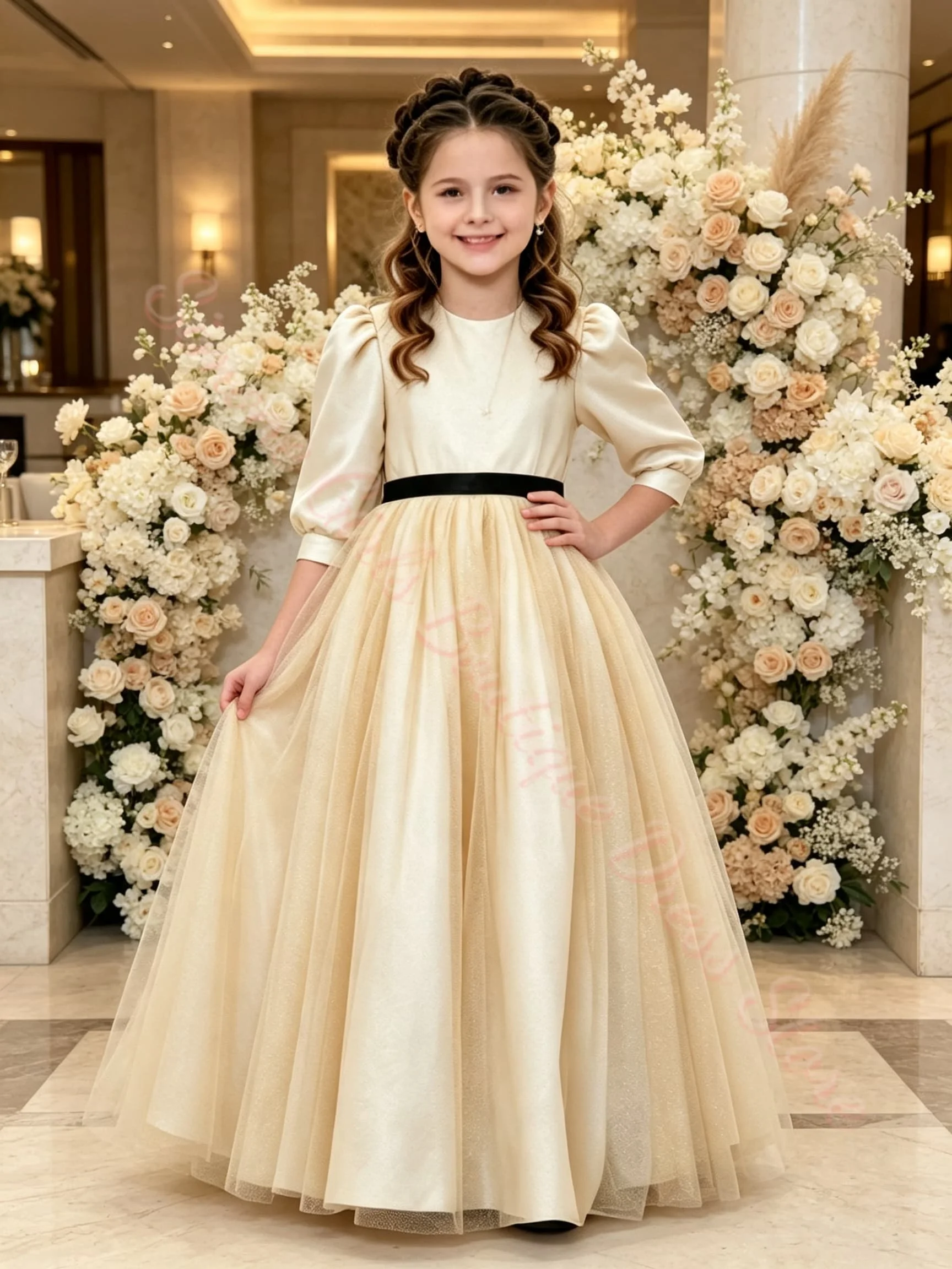 vestido-de-nina-personalizado-color-champan-con-flores-para-boda-tul-mangas-3-4-cintura-alta-para-cumpleanos-primera-comunion