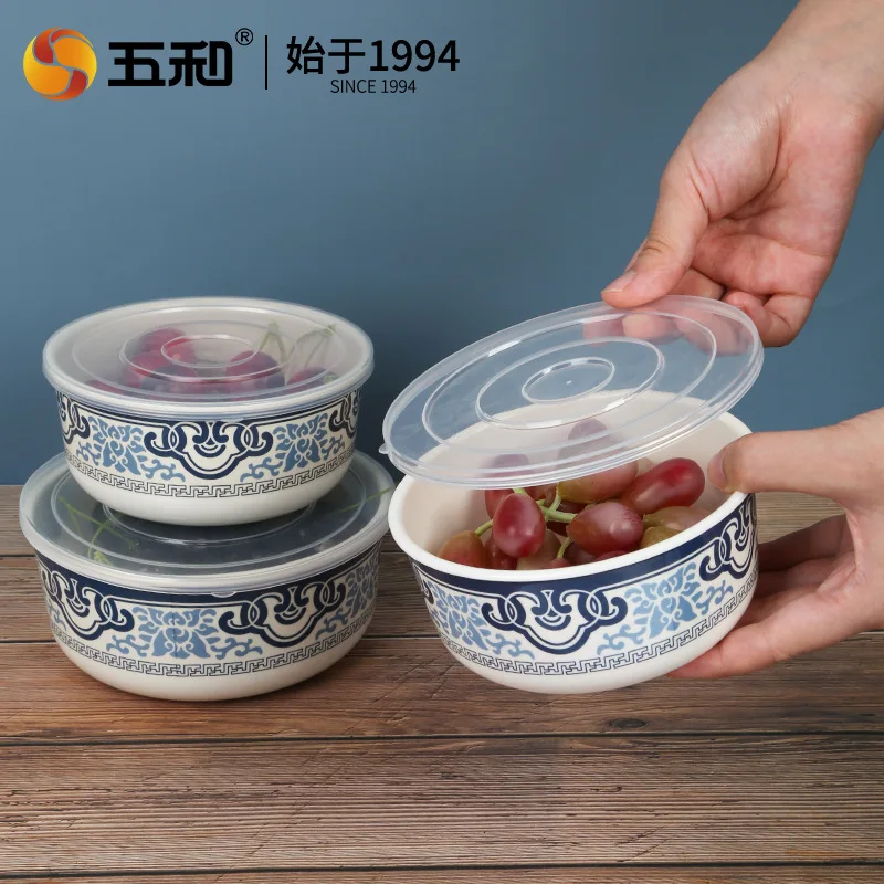 

Pure melamine tableware, food grade fresh-keeping bowl, blue and white, classic, popular, insulated rice, boxed fruit, Chinese s