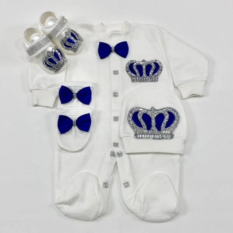 Footed Romper Newborn 0-9 Months 4 Piece Set White Blue Crown Bow Prince Royal Boutique Baby Shower Gift With Hat Mittens Shoes