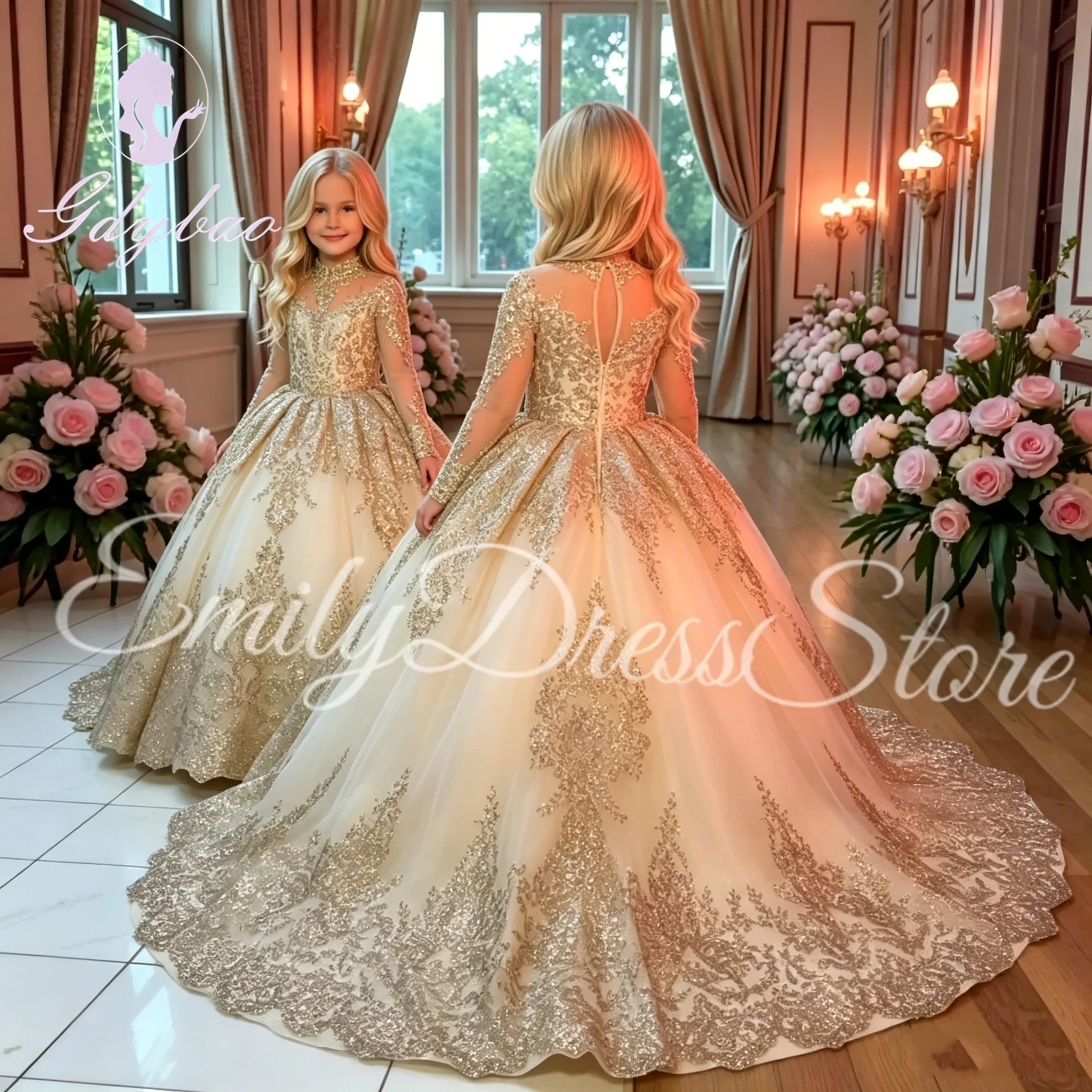 Gold Lace Flower Girl Dress for Wedding Applique Elegant Tulle Kids Baby Birthday Party Custom First Communion Ball Gown
