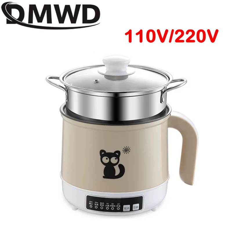 

110V/220V Multifunctional Electric Cooking Pot Skillet Stainless Steel Rice Noodles Soup Cooker Egg Food Steamer Pan Hotpot 1.8L