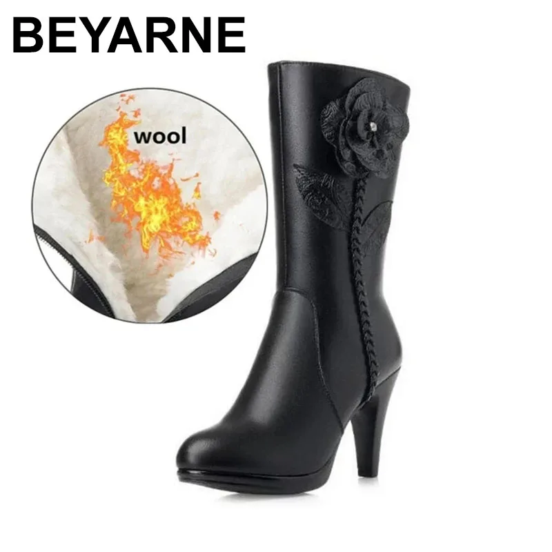 

2025 New Winter Warm Plush / Wool Snow Boots Woman's Boots High Heels Classic Flower Fashion Boots Genuine Leather In-tube