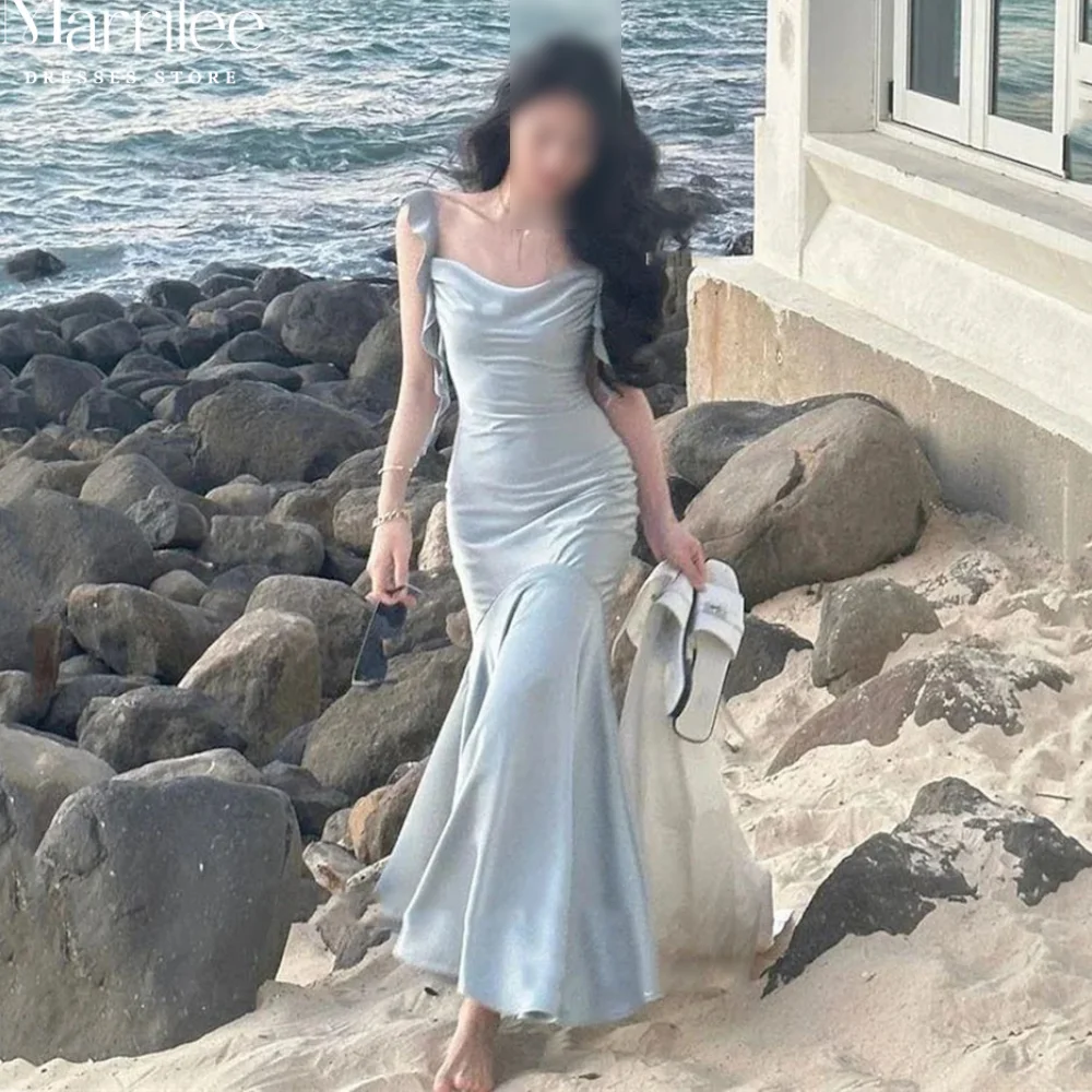 

Beach Light Blue Satin Wedding Dress Korean Style Elegant Spaghetti Straps Sleeveless Party Dress Simple vestidos de novias 2024