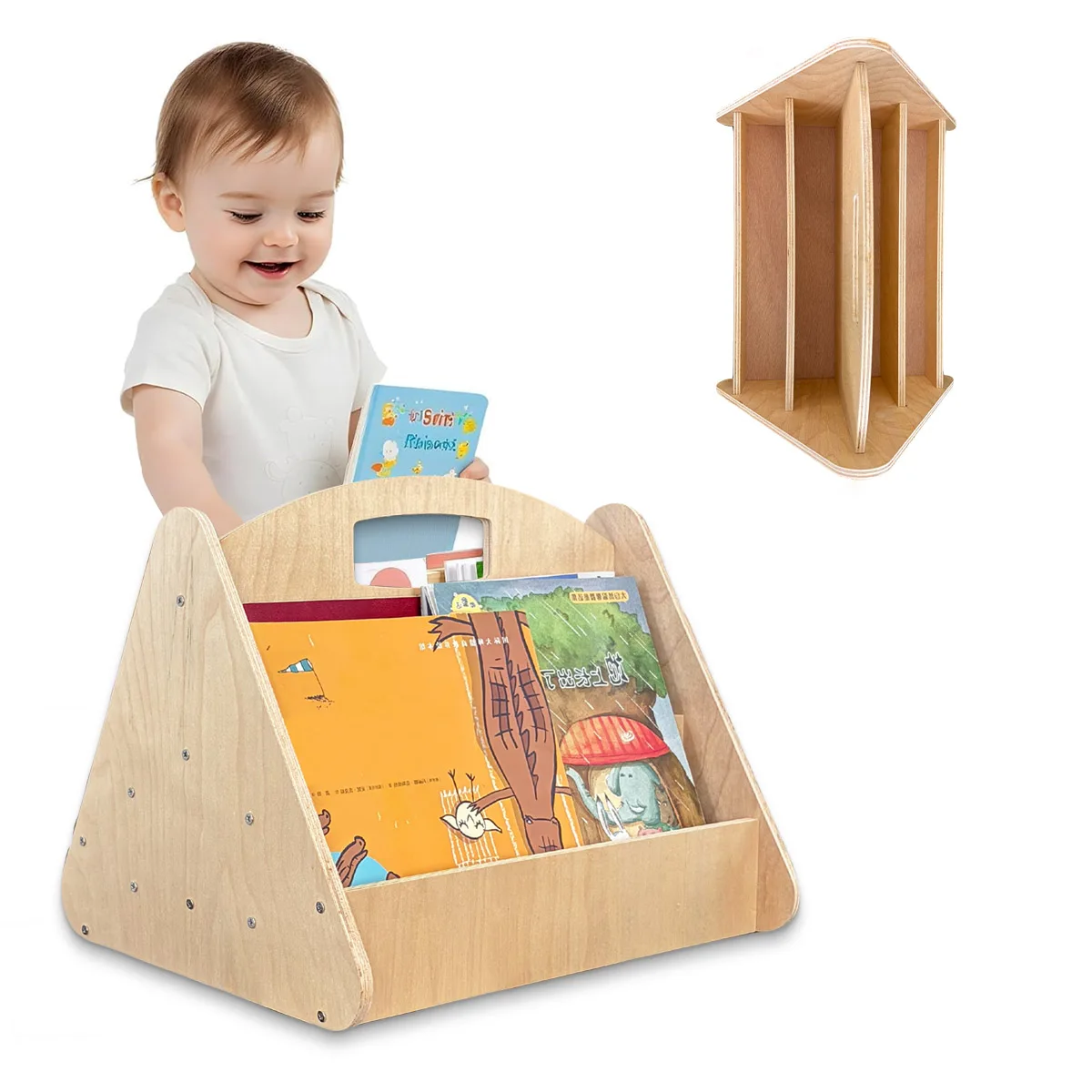 Toddler Bookshelf Double-Sided with 4 Tier Wooden Montessori Book Rack for Baby Nursery Room, Bedroom Bookcase Storage Organizer