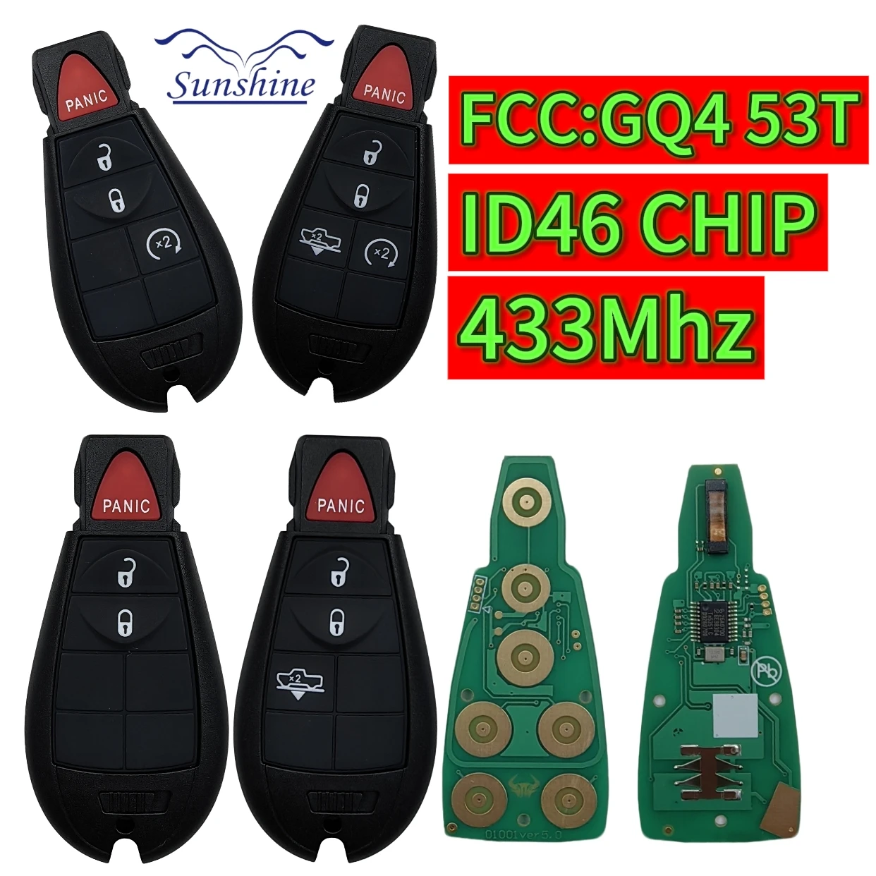 2PCS GQ4 53T 433MHz ID46 CHIP Smart Remote Control Key For Jeep Cherokee Sport KL Dodge RAM Chrysler Town Country Universal
