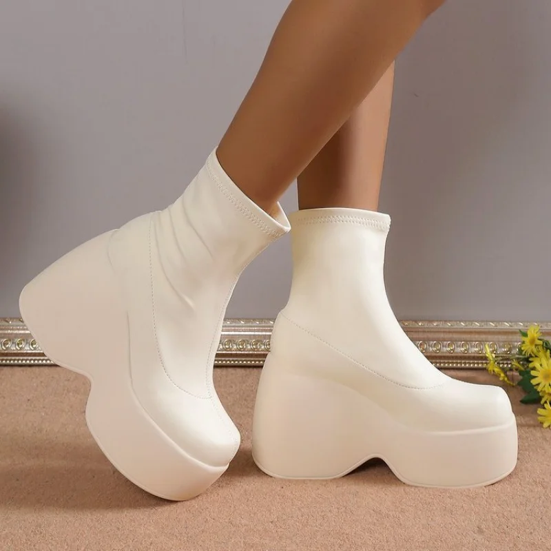 Black Stretch Leather Ultra High Heel Womens Long Boots Sexy Slim Punk Style Platform Motorcycle Booties Knee-High Female Shoes