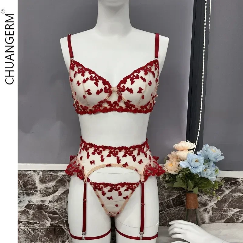 Sexy Outfits Gifts Sexy Female Underwear Heart Sensual Lingerie Sheer Lace Embroidery Fancy Underwear 4-Piece Ruffle Sissy Intim