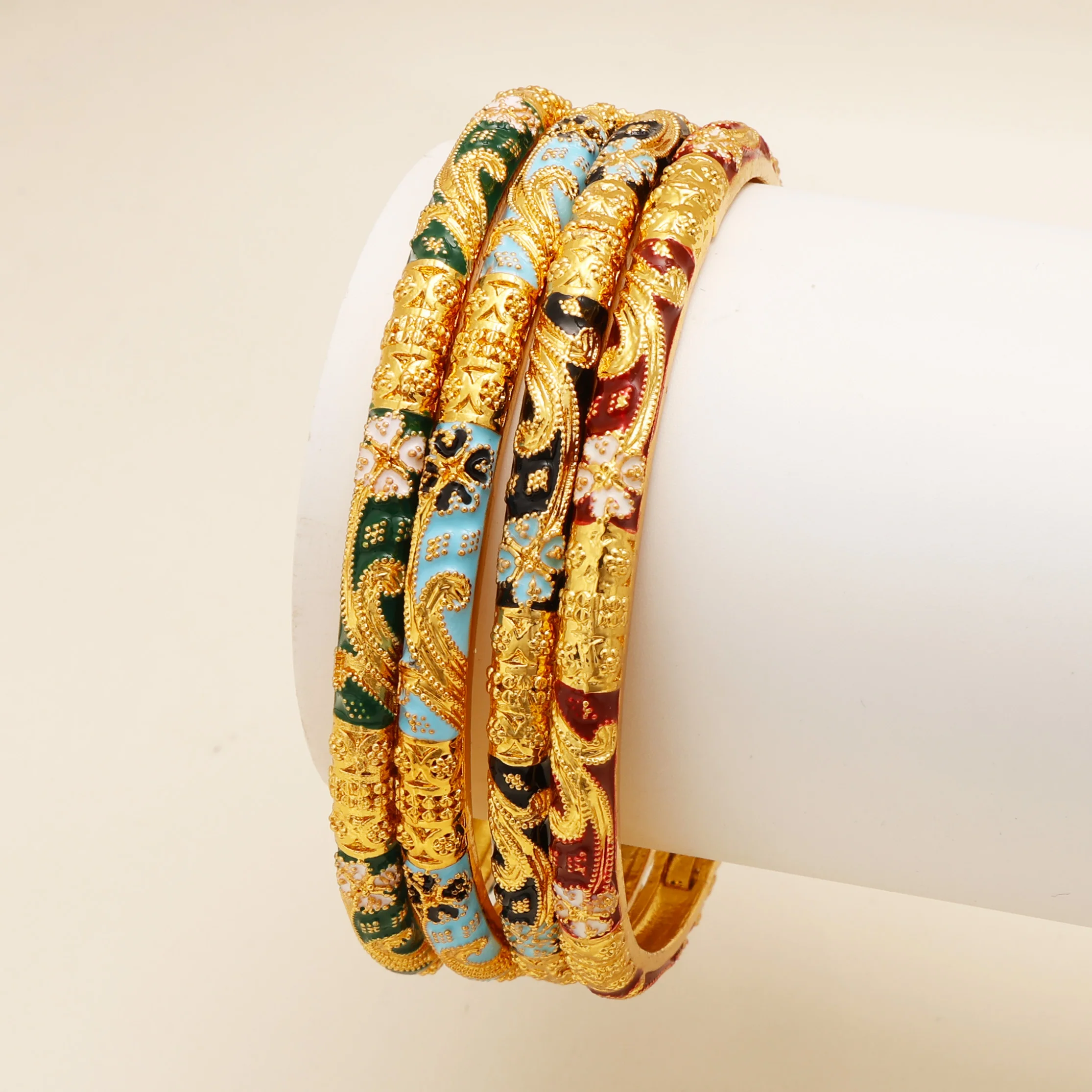 4Pcs Boho Colorful Enamel Bangle Set, Middle East Style Gradient Texture Bracelets, Suitable for Daily Wear & Festival Outfits
