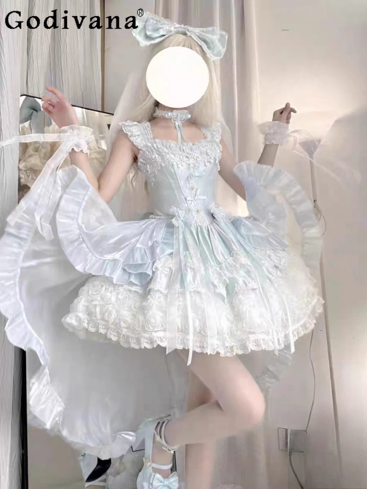 

Elegant Female Sweet Slash Neck High Waist A-line Lolita Princess Dress Temperament Fashion Versatile Bow Party Fairy Dresses