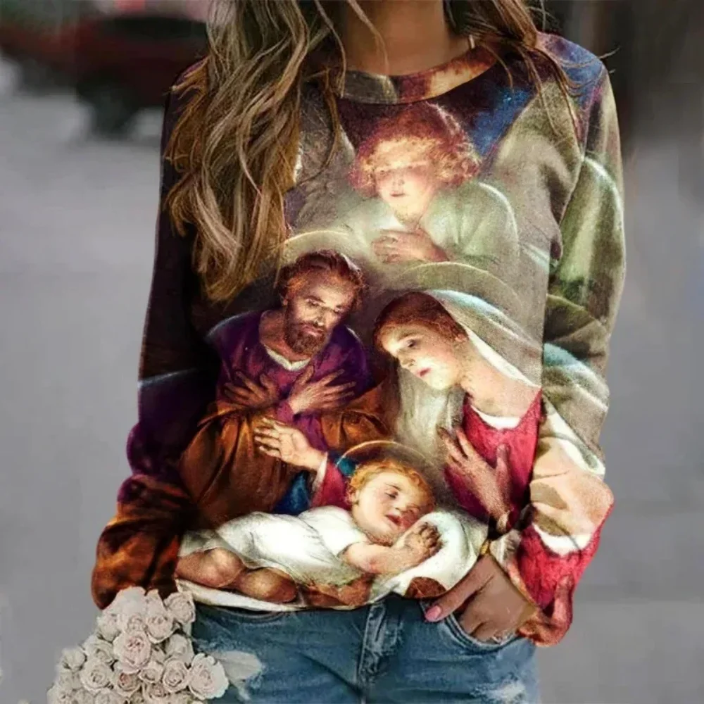 New Jesus Christ Sweatshirts Virgin Mary 3D Print Hoodies Women Long Sleeve Hoodie Oversized Pullovers Tops Female Clothing