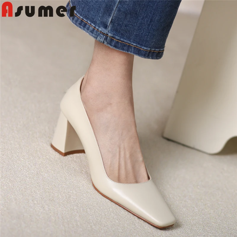 

ASUMER Fashion Genuine Leather Shoes Women Pumps Small Sqaure Toe Thick High Heels Spring Summer Ladies Party Wedding Shoes