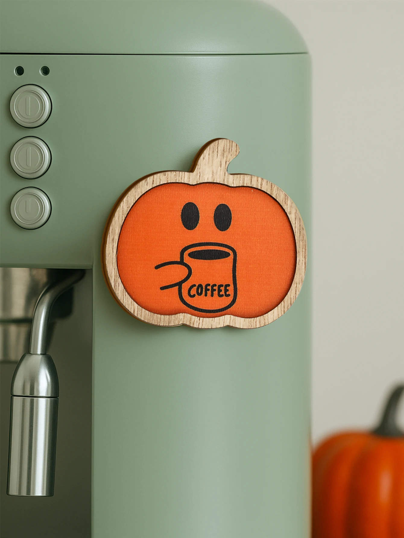 Halloween Orange Pumpkin Shape Wooden Sticker Cute Pumpkin Holding Coffee Cup Design Kitchen Refrigerator & Coffee Machine Decor