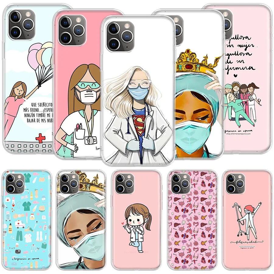 كارتون الطب طبيب وممرضة قضية الهاتف ، واضح شل غطاء ، آيفون 14 ، 12 ، 13 ، 15 برو ماكس ، ميني ، 11 ، 8 ، 7 Plus ، X ، XS ، XR ، SE ، 2020