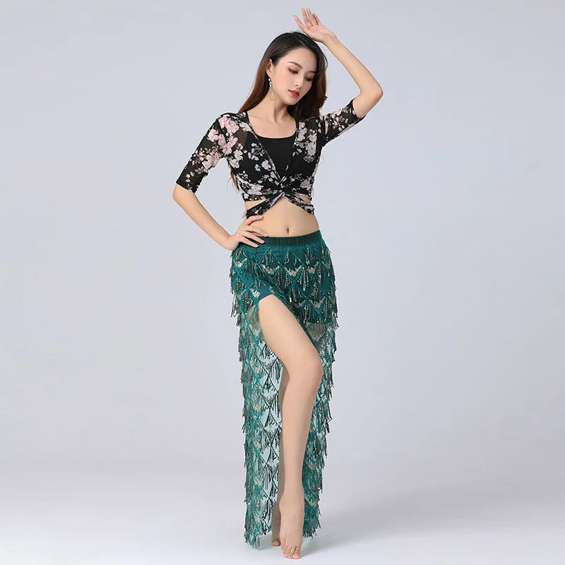 カスタマイズされた大サイズのベリーダンス練習スーツセットメッシュ花トップタッセルスパンコールパフォーマンススカートインド服女性