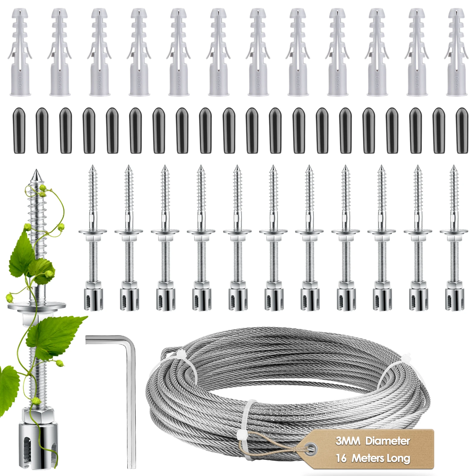 Kit de système de treillis de câble métallique en acier inoxydable, plantes grimpantes, vignes et mur vert avec des rainures rapides, 10 m, 16 m, 24m