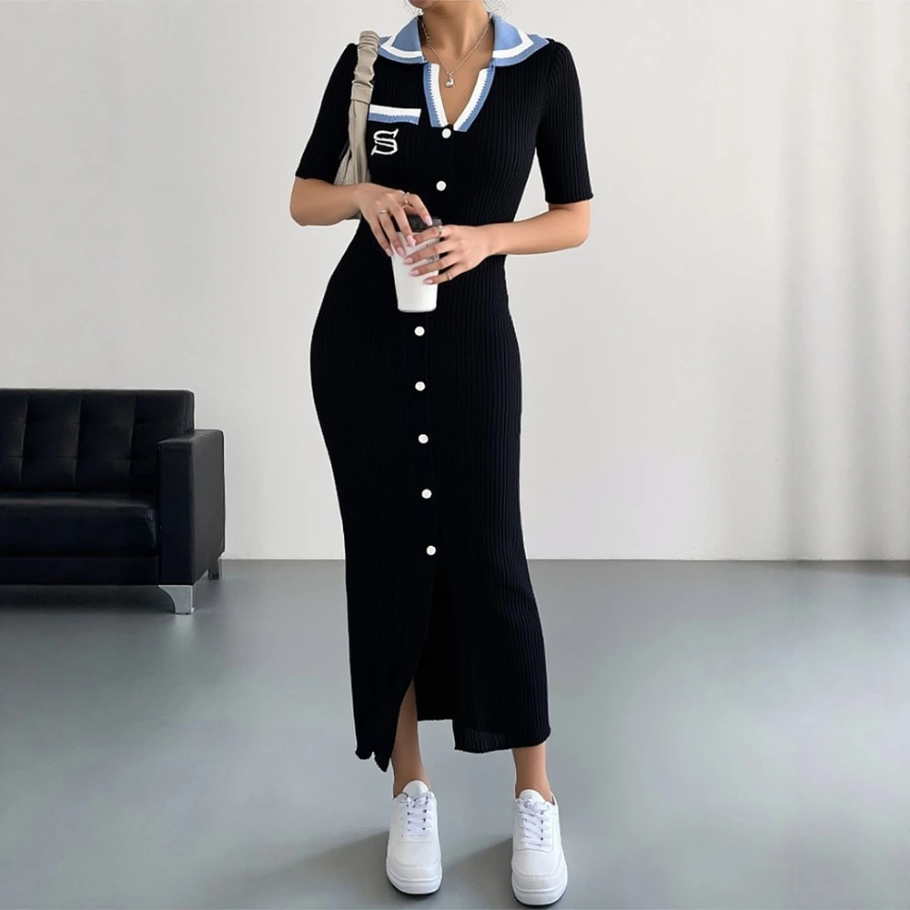 YuooMuoo Chic Mode Sexy Wrap Hüften Gestrickte Lange Kleid 2026 Neue Marke Mode Stickerei einreiher Hemd Kleid Streetwear