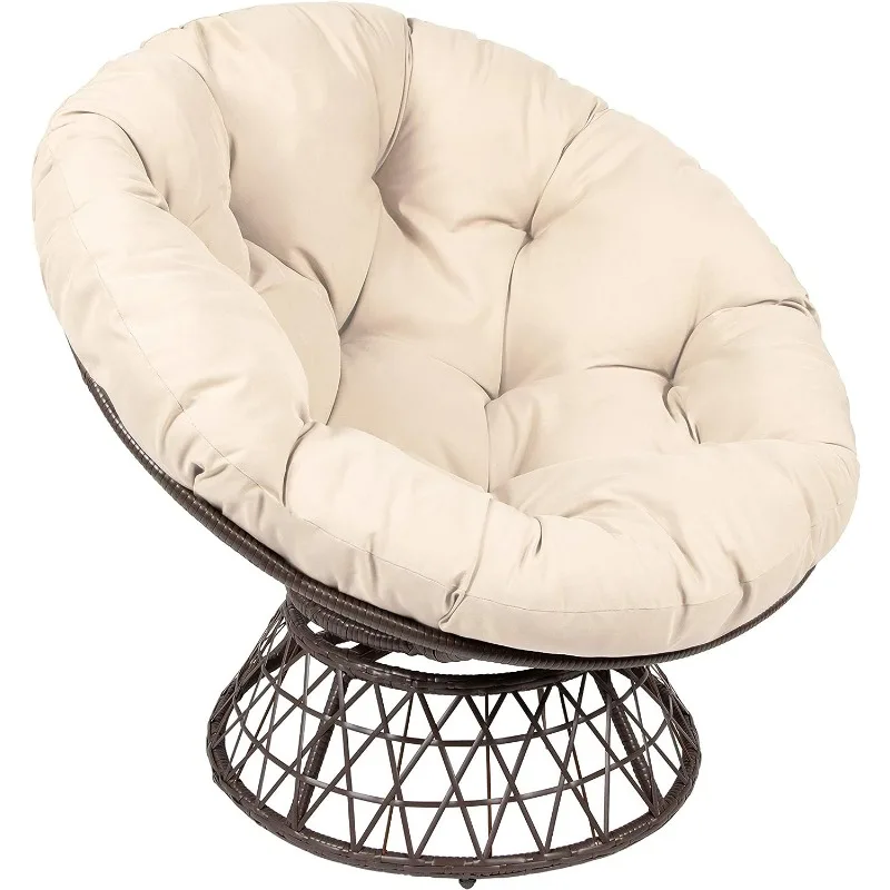 Milliard Wicker Papasan Chair with 360-degree Swivel, Beige Cushion and Brown Frame. Indoor and Outdoor Use