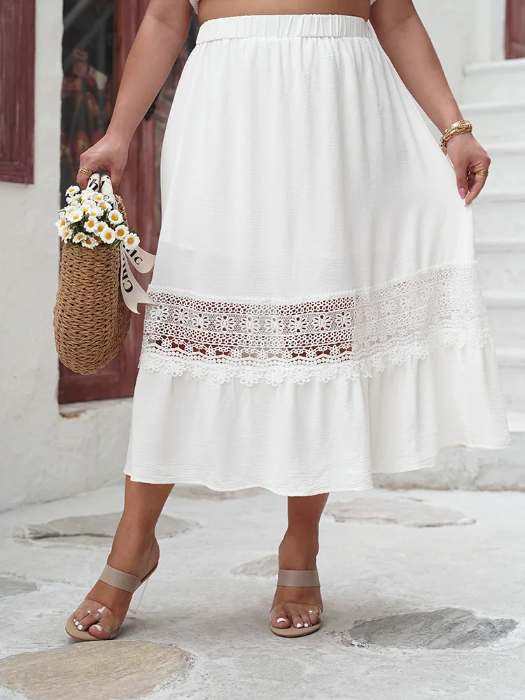 GIBSIE Plus Size Contrast Lace Elastic Waist A-Line Skirt Women 2024 Spring Summer White Boho Casual Vacation Long Skirts