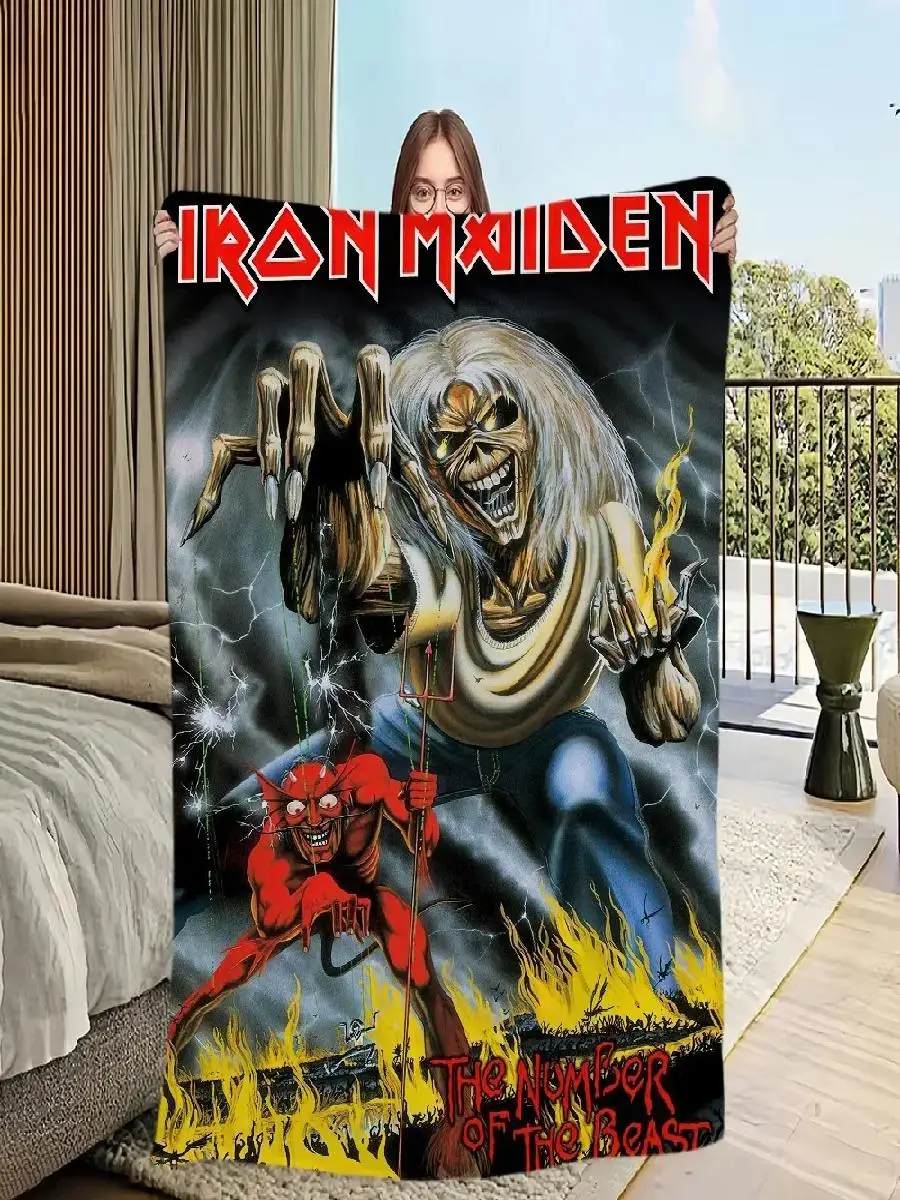 VIKAMA Iron Maiden Album Art Blanket  Soft SkinFriendly NonShedding Design with Skeleton Devil Flame Black Clouds Theme