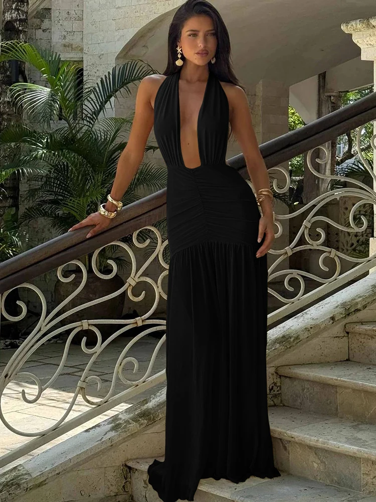 

Cutenew Women's Classic Solid Maxi Dress Elegant High Street Shirring Low Neck Backless Bodycon Mujer Simple Banquet Long Robe