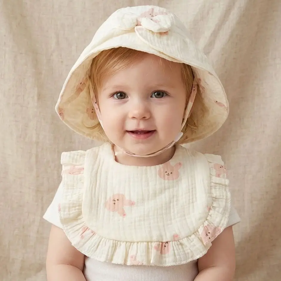 

Pure cotton Class A baby fisherman hat and bib set, soft baby bib combination, children's two-piece set