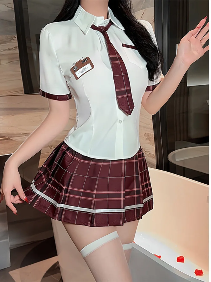 Academic style Underwear Female Sexy Student  Uniform Short Skirt Pleated Skirt Set White shirt top Cute and playful 615 0EFI