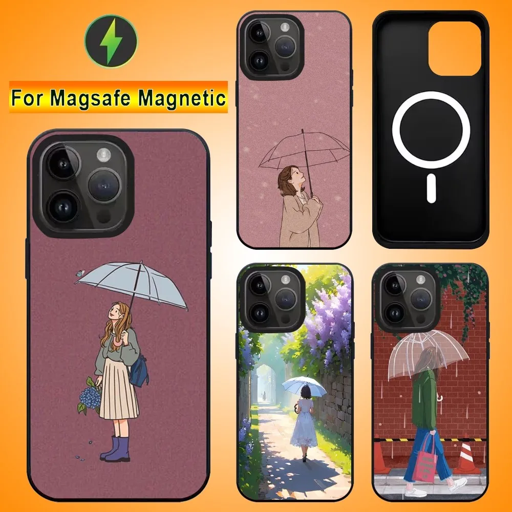 Girl Holding Umbrella Phone Case For IPhone 15 14 13 Pro Max 11 12 Mini Alex Mirror For Magsafe Wireless Charging Cover