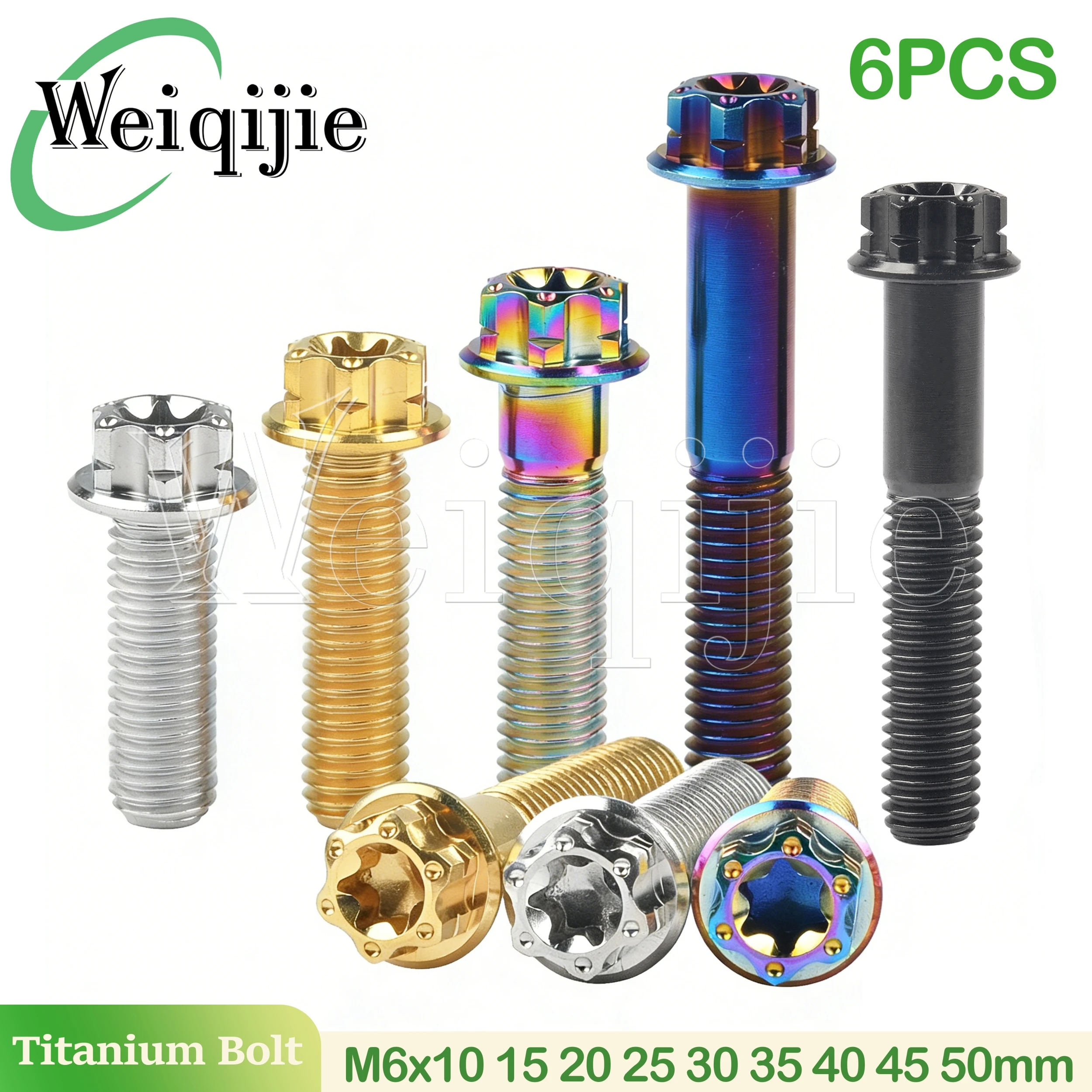 Weiqijie 6PCS Titanium Alloy M6x10~50mm Small Flange Internal and External Torx Screws Bicycle Mountain Bike Modification Screws