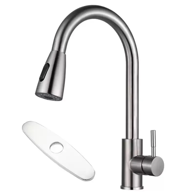 Stainless Steel Kitchen Faucet with Pull Out Sprayer 60cm Flexible Hose Dual Stream Spray Function Silver Black