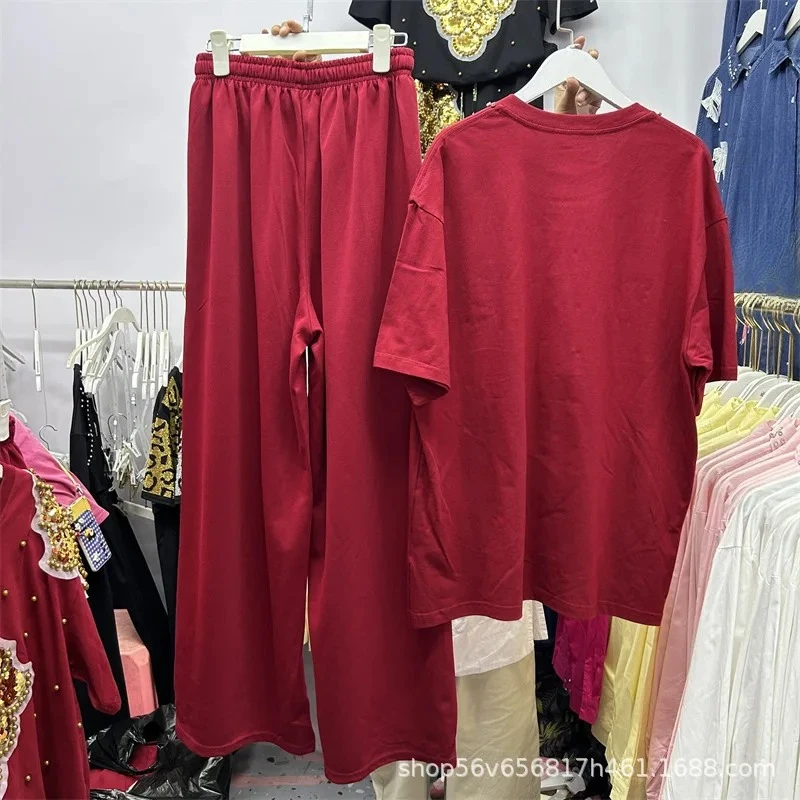 重工業風ダイヤモンド付きハート柄ルーズ半袖Tシャツトップスと伸縮性ウエストワイドレッグロングパンツのツーピースセット（女性用）