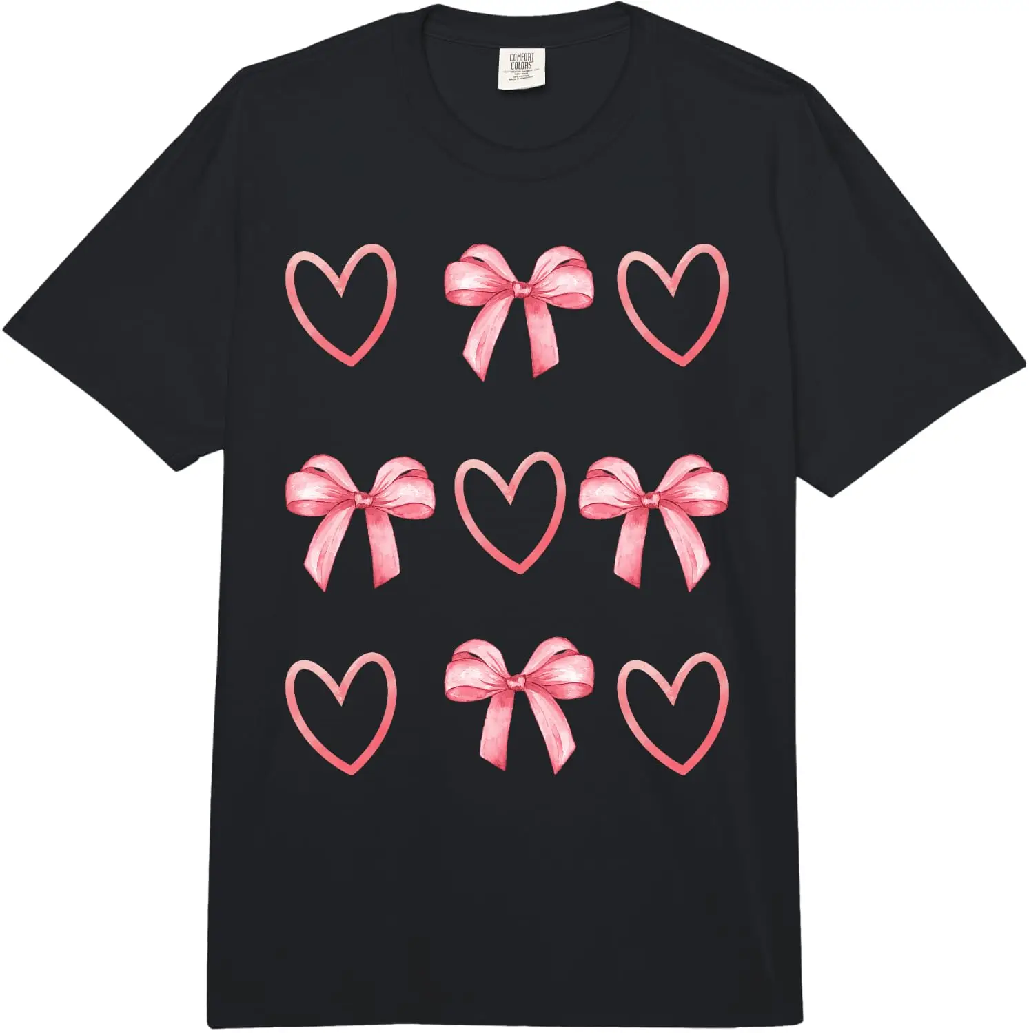 Coquette Pink Bow Ribbons And Hearts Grid Pattern Comfort Colors Adult Heavyweight T-Shirt 100% Cotton Trendy Y2K Short-Sleeve